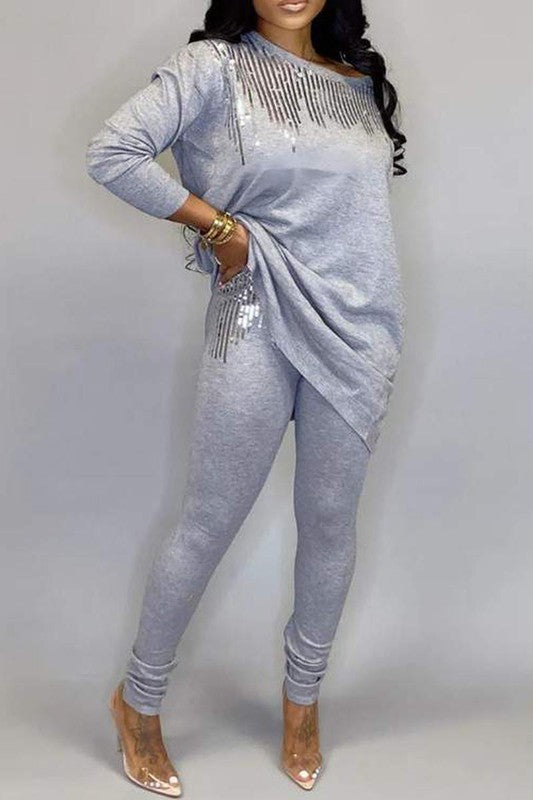 Sequins Slit Long Sleeve Top Pants Set