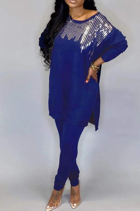 Sequins Slit Long Sleeve Top Pants Set