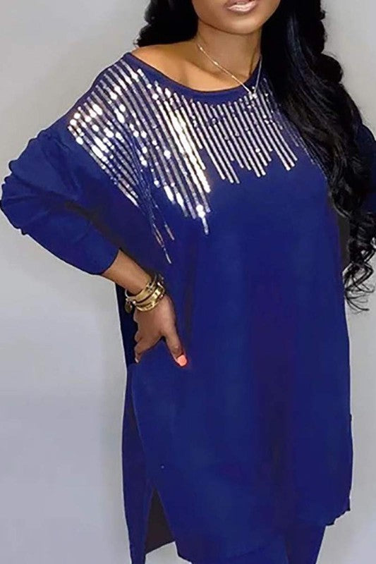 Sequins Slit Long Sleeve Top Pants Set
