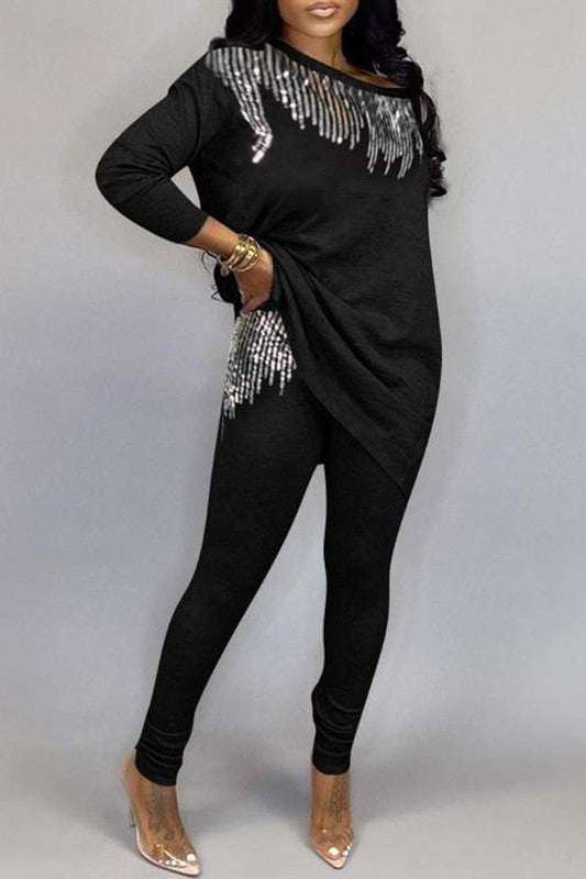 Sequins Slit Long Sleeve Top Pants Set
