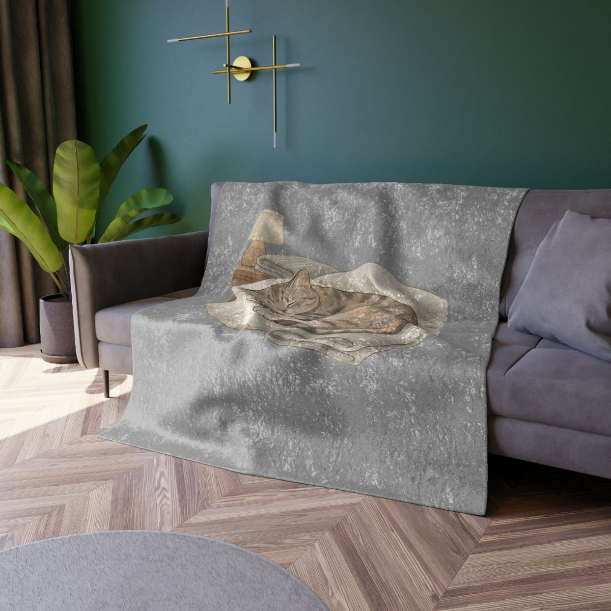 Crushed Velvet Blanket — Cozy Cat Sleeping Print Throw